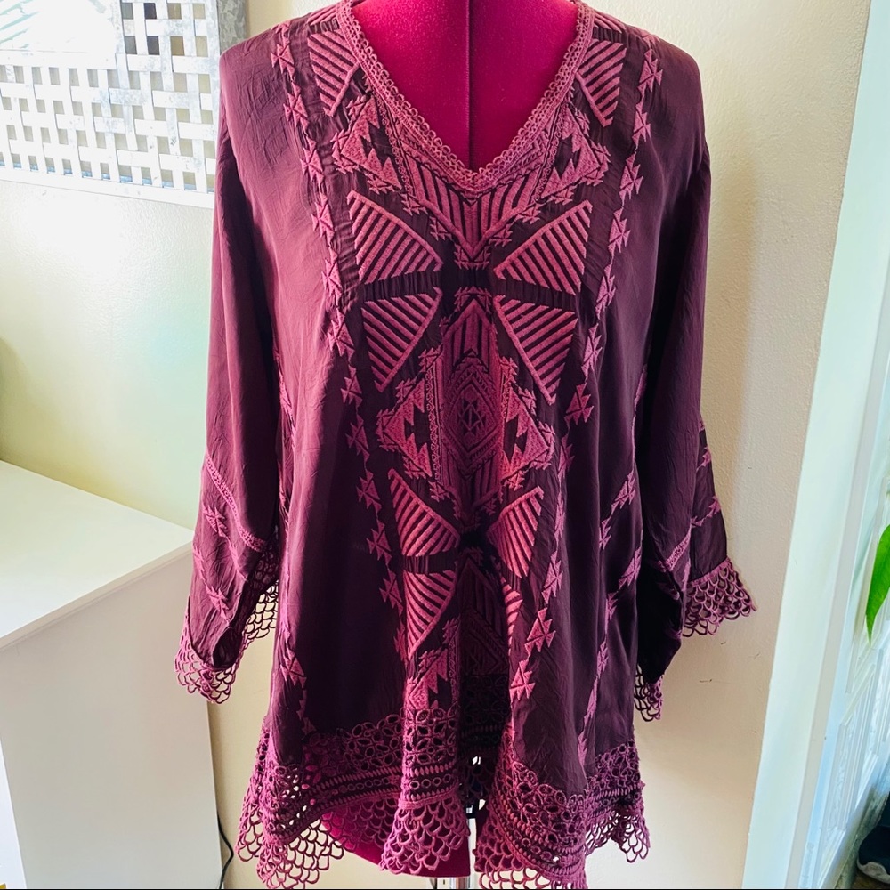 NWOT Johnny Was Woven Tunic Lace Embroidered Blouse. XS